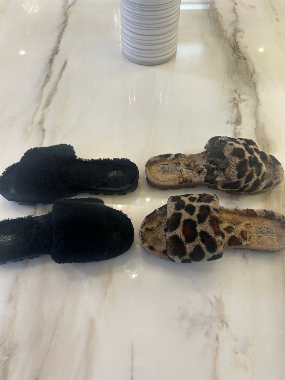 UGG Women's Black and Leopard Faux Fur Slide Slippers